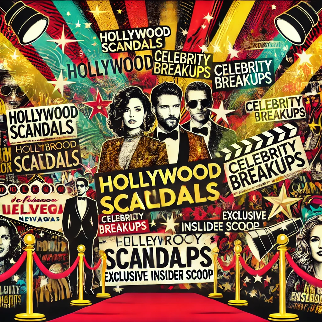 Eye-catching magazine-style cover featuring Hollywood gossip headlines, showcasing glamorous celebrities, red carpet, and camera flashes, representing Hollywood scandals, celebrity breakups, and insider scoops.