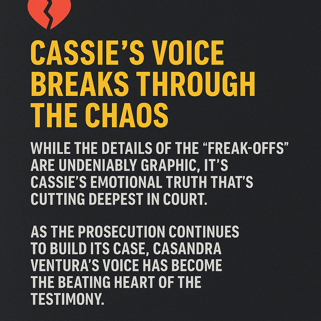 News graphic with bold text “Cassie’s Voice Breaks Through the Chaos” highlighting emotional courtroom testimony against Sean Combs.
